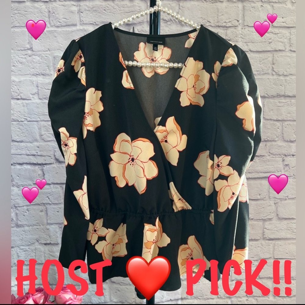 Who What Wear V Neck Black & Cream Floral Peplum Blouse Rouge Sleeves - Size Med